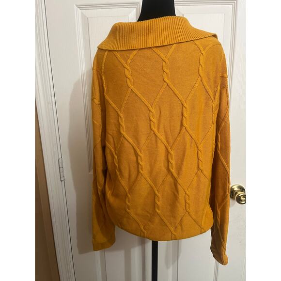 Talbots Lattice Cable Knit Johnny Collar GOLDEN MAIZE Sweater Casual Sz L - Picture 2 of 2